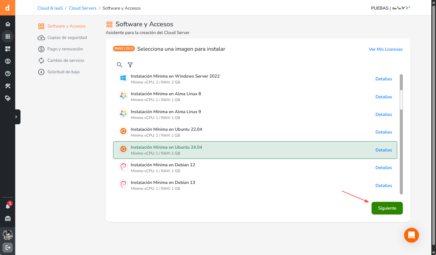 Selección de imagen a instalar en el Cloud Server
