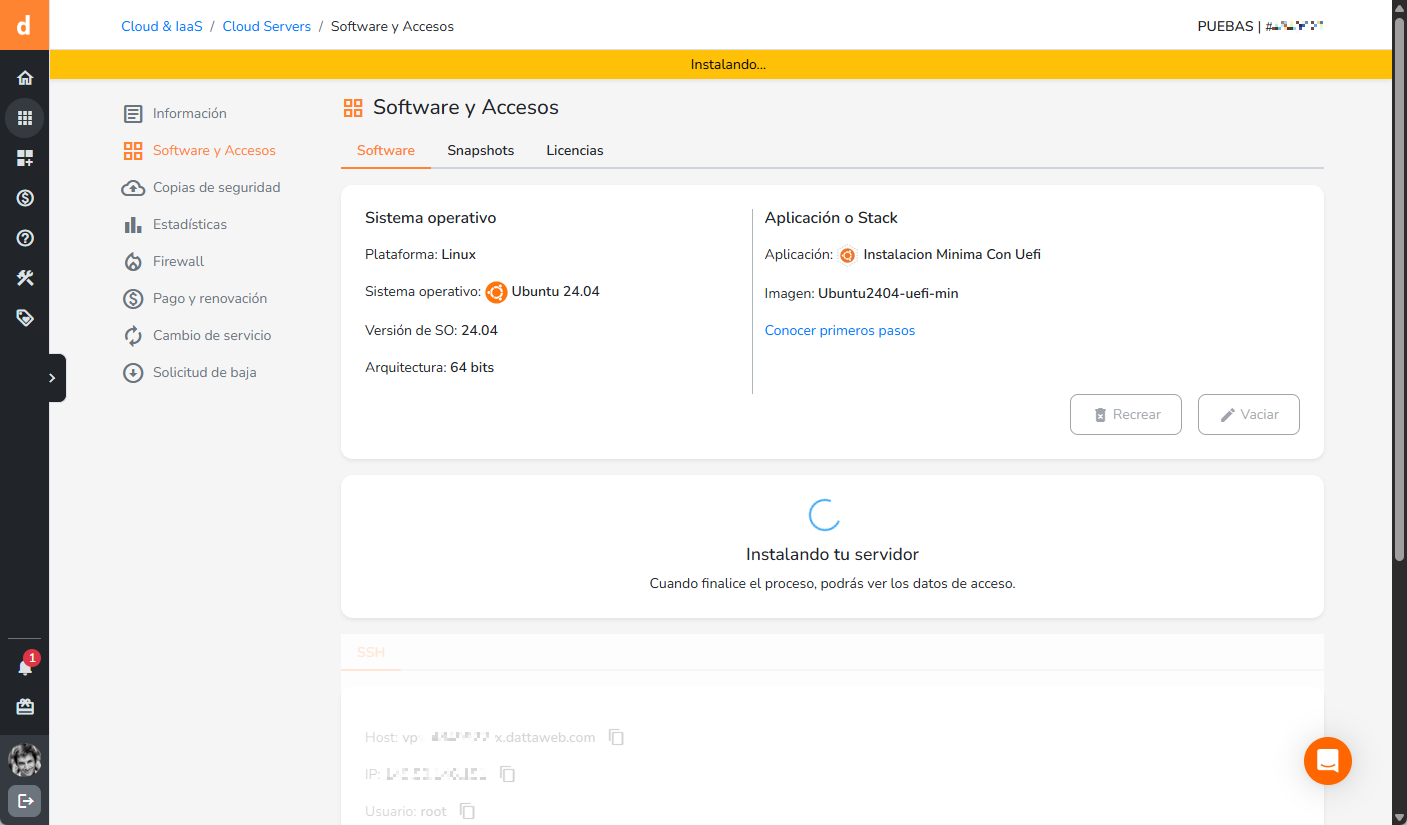 Instalación del Sistema Operativo en el Cloud Server