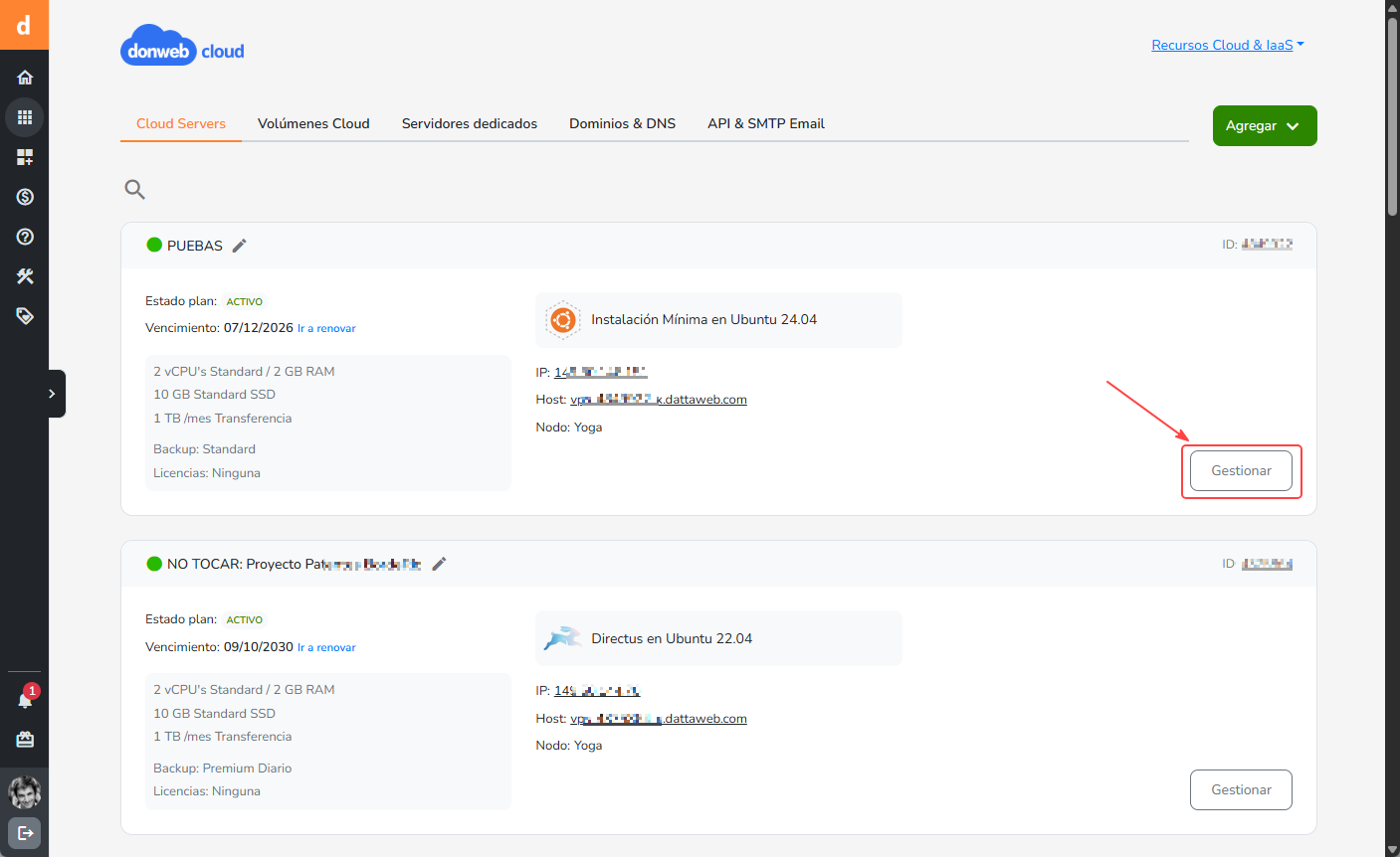 Listado de servidores Cloud
