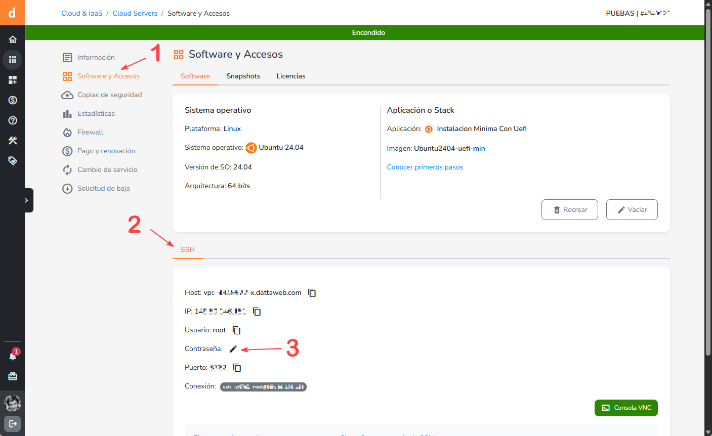 Sección de Software y Accesos de Cloud Server