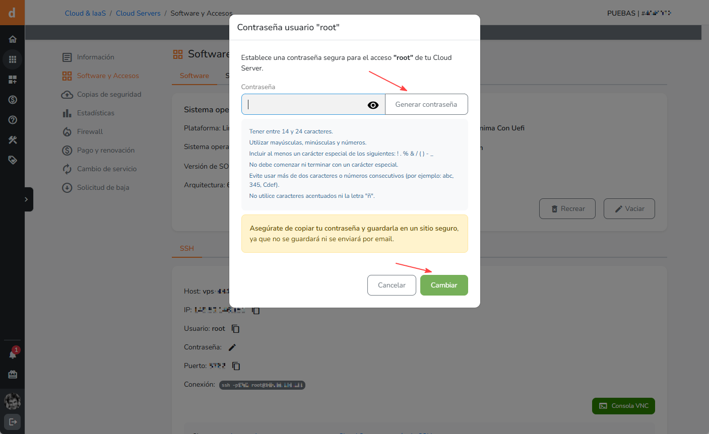 Cambiar la contraseña de acceso de tu Cloud Server